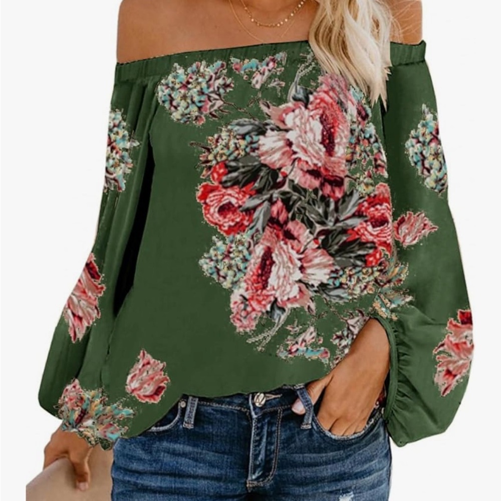 Elegant Floral Off-Shoulder Blouse in Green